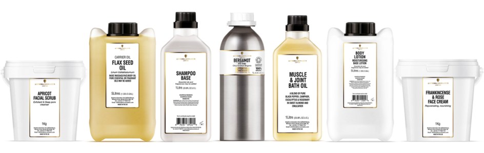 A selection of products available to buy in bulk sizes, including essential oils, wash bases, body lotions and more